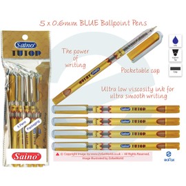 SAINO 5 x 0.6mm Fine Tip Tutor BLUE Ballpoint Pens Ultra Smooth Soft Ball Pens