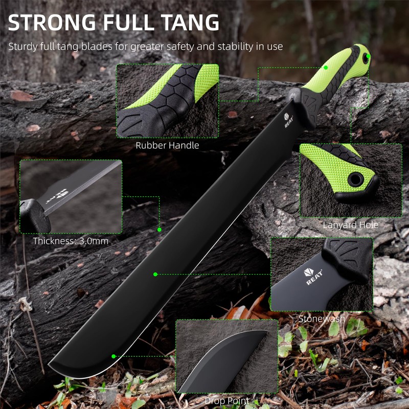 REAT Gardening Heavy Duty Machete,24" Full Tang Machete with Shaeth,Ergonomic