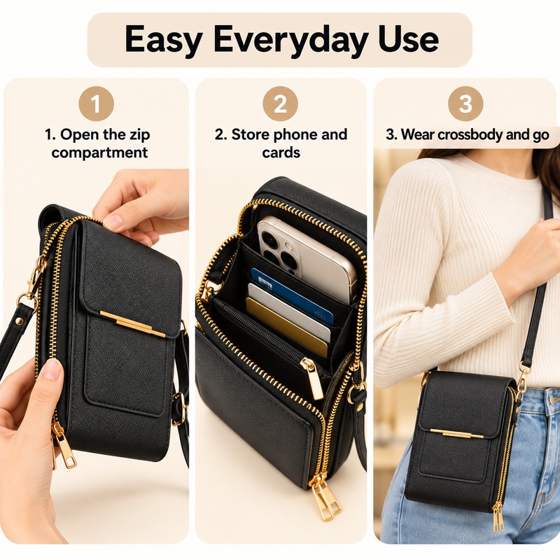 Touchscreen Phone Crossbody Bag for Women – Sequined PU Wallet