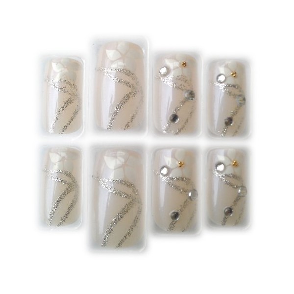 Blush Nude & White Flower w/Rhinestones Glue/Stick/Press-On Fake/Artificial/False Nails