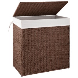 OIAHOMY Laundry Hamper with Lid, 29.1 Gal (110L) Wicker Hamper with Removable Liner Bags, Handwoven Clothes Basket with Handles, Foldable Paper Rope Basket for Laundry Room, Bedroom-Brown