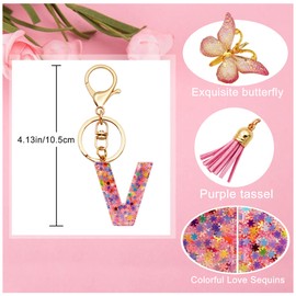TTYY Initial Letter Keychain for Women Gift for Young Teenage Girl Gifts for Christmas to Mom Daughter Pink tassel (pink snow LetterV)