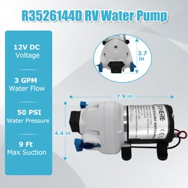 Upgraded R3526144D RV Water Pump,3 GPM 12V DC 50 PSI Triplex Diaphragm Water Pump Compatible With R3526144D/03526-144A RV Water Pump,With Strainer and Pressure Switch for RV Yacht Marine Caravan-White