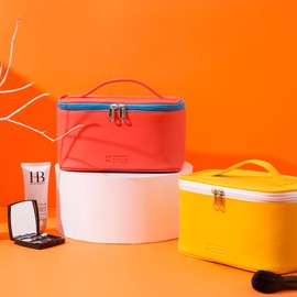 CHUQING Light Blue PU Leather Travel Water-Resistant Makeup Bag for Women, Large Capacity Organizer with Handle, Cosmetic Bags for Travel Essentials