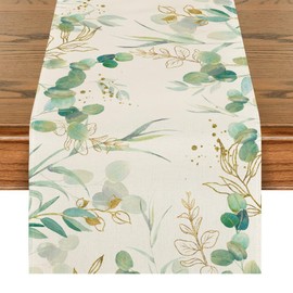 IHCEMIH Tischläufer Frühling, Grüner Eukalyptus Tischläufer Leinen 140 x 40 cm Abwaschbar Modern Tischdeko Tischdecke Leinenstoff Table Runner Esstisch Dekoration für Party Küche Urlaub B