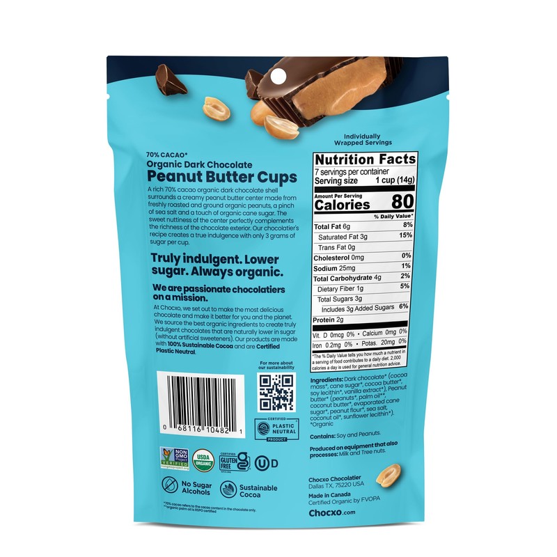 Chocxo Peanut Butter Cups Dark Chocolate 70% Organic 3.45 Ounce
