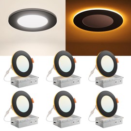 Amico 6 Pack Black 4 Inch 5CCT LED Recessed Ceiling Light with Night Light, 2700K/3000K/3500K/4000K/5000K Selectable Ultra-Thin Lighting, 10W=90W, 700LM, Dimmable Canless Wafer Downlight - ETL&FCC