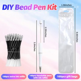 DASTTUIS 300 Pieces DIY Beadable Pens Kit - 100 plastic Beadable Pens Bulk, Refills & pen bags Included - Beaded Pens Black Ink Ballpoint Cute Pens for Students Teacher（White）