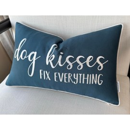 Rudransha Dog Kisses Fix Everything Embroidered Lumbar Accent Throw Pillowcase - Gift for Pet Lover, Home Decor - 12x20 Inches, Teal
