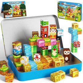 60PCS Mini Magnetic Building Cubes Set, Adventure-themed Magnetic Blocks, Portable Magnetic Travel Blocks with Iron Case, Educational Toy for Kids STEM & Construction Learning for Kids Aged 3+