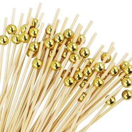 Pack of 110 Cocktail Sticks, Wooden Cocktail Sticks, Cocktail Picks, Cocktail Toothpicks, Cocktail Picks for Skewers, Finger Food, Cocktail Party Decoration Skewers, Finger Food (12 cm, Golden Pearls)