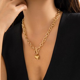 Otxas Chunky Heart Necklace Gold Statement Necklace for Women Big Puffy Heart Necklaces Chunky Chain Jewelry (Heart, Gold 3)