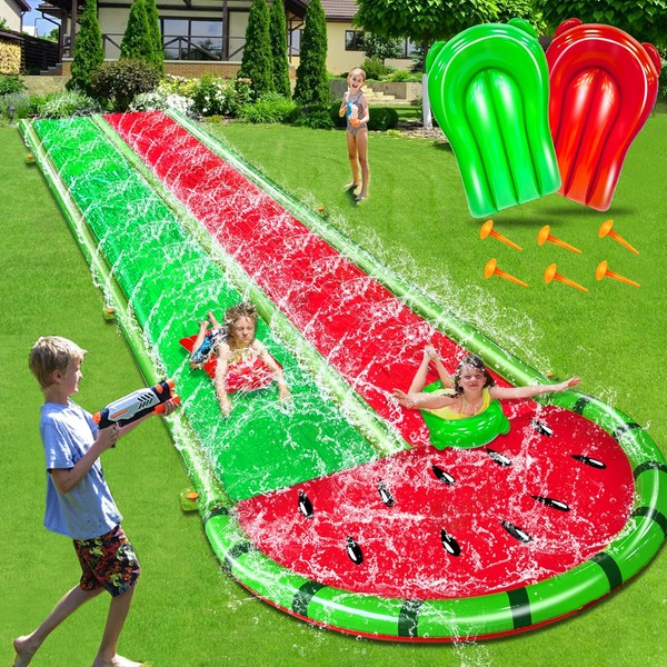 [ 3 Sided Safe Fence ] Watermelon Slip Lawn Water Slides with 2 Bodyboards for Kids Adults, Heavy Duty Water Toys Sprinkler 2 Race Lane Outdoor Summer Beach Swimming Pool Water Game Party, 20 x 5.6 ft