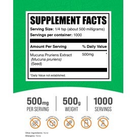 BulkSupplements.com Mucuna Pruriens Extract Powder - Mucuna Pruriens Supplements, Herbal Supplement - Vegan & Gluten Free, 500mg per Serving, 500g (1.1 lbs) (Pack of 1)