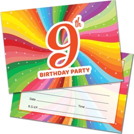 Olivia Samuel 20 x 9th Birthday Party Invitations. Children's Bright Unisex Style. Multipack of 20 Invites with Envelopes