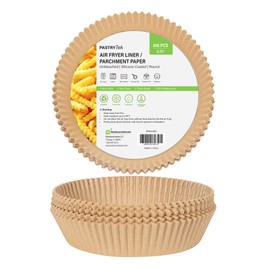 Restaurantware-Pastry Tek 6.3 x 6.3 x 1.8 Inch Air Fryer Liners, 100 Round Air Fryer Baskets - No-Stick Silicone Coating, Unbleached, Food-Grade Paper Liners, For Steamer, Microwave, Oven, Fry Pan