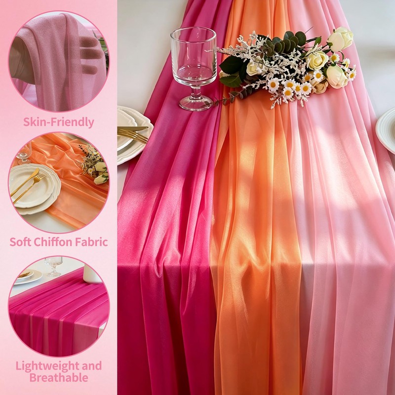 Pink Orange Party Decoration Table Runner, 3 Pack Boho Chiffon