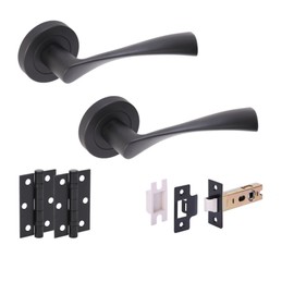 HANDLEZONE® Zena Internal Door Handle Latch Pack, Complete with Lever On Rose Handles, Latch, Ball Bearing Hinges - Black Matt