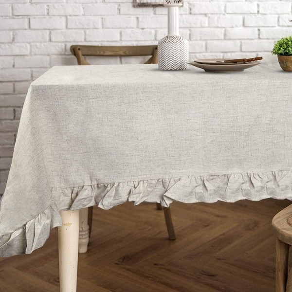 Lahome Rustic Ruffled Linen Tablecloth - Cotton Linen Vintage Flounces Trim Table Cover for Boho Wedding Banquet Tabletop Bridal Baby Shower Birthday Party Decor (Linen, Rectangle - 60" x 102")