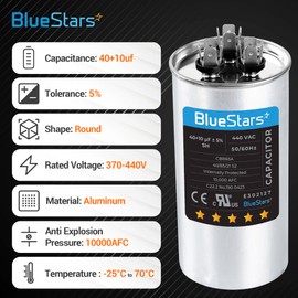 [UL Certified] 40+10 uf 40+10 MFD 370-440VAC ±5% Volts Round Run Start Capacitor Electric Replacement Part by BlueStars - Exact Fit for HVAC, Air Conditioners, Heat Pumps