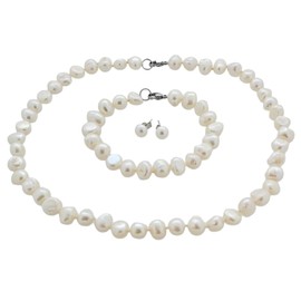Treasure Bay Womens Pearl Necklace Bracelet Earrings Set 9-10mm White Baroque Pearl