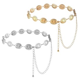 REYOK 2pcs Womens Western Boho Chain Belt, Boho Waist Chain, Vintage Adjustable Metal Hollow Out Belt for Jeans or Dresses