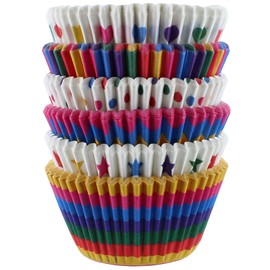 Baked With Love Rainbow Brights Cupcake Cases, 50mm Baking Cups, Mulitcoloured Stars, Stripes, Spot, Hearts, Greaseproof Paper Cases for Muffins and Cupcakes, Pack of 150, 0686970
