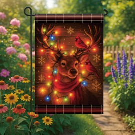 Saoplasa Christmas Garden Flag Reindeer Flag 12x18 Inch Double Sided Outdoor Holiday Yard Banner Winter Red Cardinals Snowflakes Plaid Rustic Farmhouse Lawn Porch Decor (Without Lights)