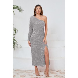 VERWIN Women's Sequins Dress One Shoulder Bodycon Oblique Collar Maxi Dress Sparkly Spilt Wrap Cocktail Dress M Gray