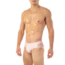 Gary Majdell Sport Men's Bikini Swimsuit with Side Mesh Inserts - Available in Shiny Tricot and Nylon Spandex Prints (Baby Pink, L)
