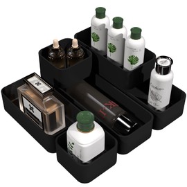 CHANCETSUI 6 PCS Stackable Drawer Organizers Set, Versatile Desk and Vanity Drawer Organizer Trays, Storage Bins for Makeup, Bathroom, Bedroom, Kitchen and Office, Black