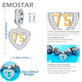 EMOSTAR 10 to 20 21 22 23 24 25 28 30 33 35 40 45 50 55 60 65 70 75 80 Birthday Charms fit European Anniversary Bracelet Necklace, Dangle 18K Golden Number Heart Pendant with CZ, for Women/Men, Sterling Silver, No Gemstone