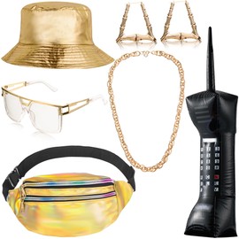 90s Hip Hop Outfit for Women, 80s/90s Rapper Accessories Bucket Hat Sunglasses Rope Chain Hoop Earrings Waist Belt Bag for Summer, golden