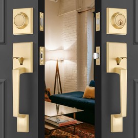 Gold Double Door Handle Set, Front Door Lock Set with Deadbolt, Front Door Handle for Exterior Door, Keyed Entry Door Lever, Left & Right Doors Reversible, Front Door Hardware, Satin Brass Finish