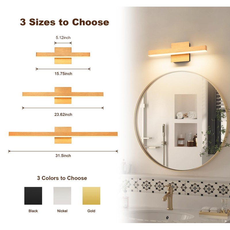 Joossnwell Vanity Light for Bathroom Light Fixtures Dimmable 5CCT Gold