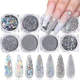 Holographic Nail Art Glitters Sequins 3D Nails Glitter Flakes Nail Art Supplies Shiny Silver Acrylic Nails Powder Dust Confetti Nail Sparkle Glitter for Nails Decoration Manicure Accessories 8 Boxes