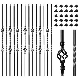 16 Pack Wrought Iron Balusters for Staircase Interior, 1/2" x 44" Hollow Deck Spindles Stair Railing Indoor with 32 Fixed Swivel Shoes, Metal Double Basket Decorative Stair - Matte Black