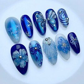 24 Pcs Summer Press on Nails Short Almond,MINGCHUN Blue Chrome Fake Nails Press ons Acrylic Nail Art Tips Kit Full Cover False Nails Glue on Nails with 3D Shell Flowers Design for Women Nail Supplies