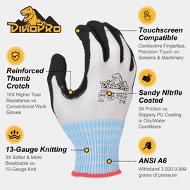 dinopro ANSI A6 Cut Resistant Work Gloves for High Protection with Reinforced Thumb,Non Slip,Touch-screen,PFAS Free (Large)