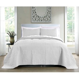 Pure Bedding Quilt Set Full/Queen Size White - Oversized Bedspread - Soft Microfiber Lightweight Coverlet for All Season - 3 Piece Includes 1 Quilt and 2 Shams, Geometric Pattern