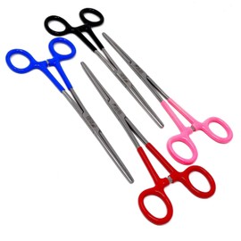 Set of 4 Assorted Color Vinyl Grip Handle German Stainless Straight Hemostat Forceps Pliers Full Serrated 8"