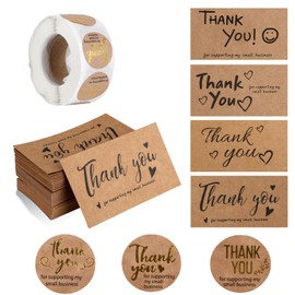 600 Pieces Thank You for Supporting My Small Business Stickers and Cards Set, Brown Kraft Paper Cute Thank You Cards and Custom Stickers for Envelope Seal Retail Store Package Small Business Supplies