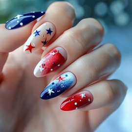 24Pcs Independence Day Almond Tip Press on Nails Medium Stars Patriotic Fake Nails Red Blue Smudge Design July 4th Press Ons Stick on Nail Holiday Artificial Fingernails Glossy Glue on Nail for Women