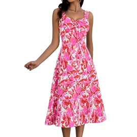 HomRain Womens Floral Dress for Casual Beach Vacation Spaghetti Strap Split Wedding Guest Dress Sun Tiered Smocked Prom Dresses Red Pink Flower M