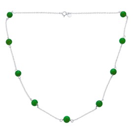Delicate Simple Genuine Gemstone Green Jade Chain Round Ball Bead Tin Cup Necklace For Women .925 Sterling Silver 18 Inch