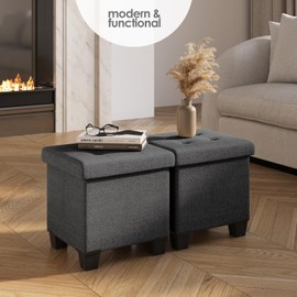 Storage Ottoman Cube with Small Bin, 16-in Square Ottoman with Storage for Living Room and Bedroom, Small Ottomans Foot Rest, Fabric Foot Stools Ottomans Max 330lbs, Grey