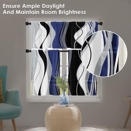 Tayney Blue Grey White Black Kitchen Window Curtains Valance and Tier Set 36 Inch, Geometric Lines Abstract Rod Pocket Short Tier Curtain for Bathroom, Modern Small Cafe Drapes for Kitchen Decor