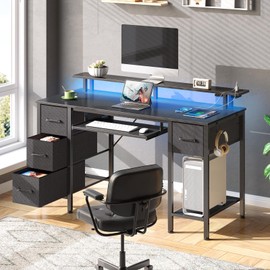 Seventable Computer Desk 47.2" with LED Lights & Power Outlets, Home Office Desk with 4 Drawers, Writing Desk with Keyboard Tray, Study Table with Monitor Stand, Work Desks for Home Office, Black