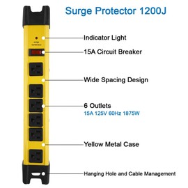 Heavy Duty Power Strip Surge Protector, 6 Outlet Industrial Power Strip with 15A, Shop Workshop Garden Metal Power Strip with 10 FT Cord 1200 Joules ETL Listed. Yellow