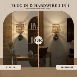 N11-1 Rattan Boho Plug In Wall Sconce Dimmable Touch Control Rustic Rattan Hardwired Wall Lamp with USB-A & Type-C Charging Ports, E26 Base, 1 Pack Wall Lights for Bedrooms Living Room (Bulb Included)